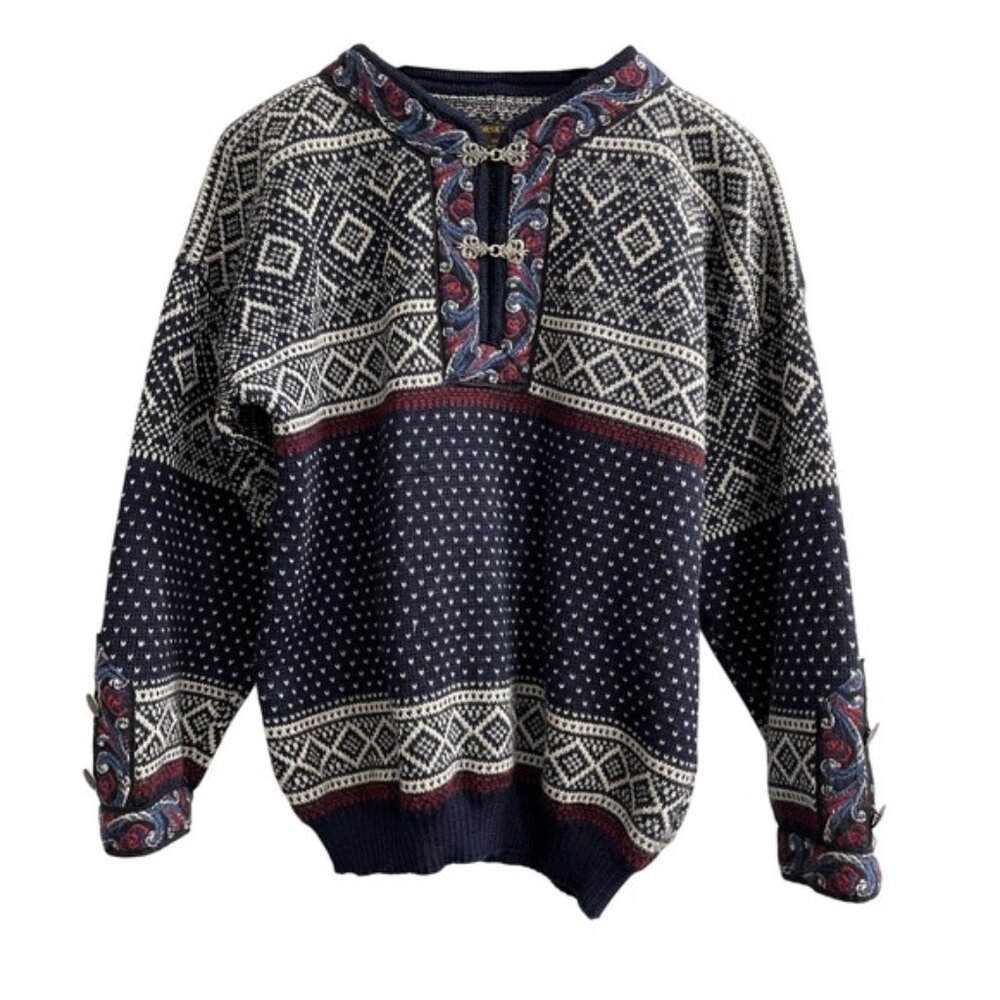 Norskwear Sweater Mens M Blue Wool Nordic Fair Isle Ornate Clasp Buttons Norway